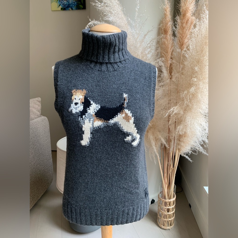 Ralph Lauren Sport Silk & Cashmere Fox Terrier Dog Sweater Vest Size L Soft Rare